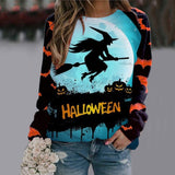 Damesweatshirt med grafisk Halloweenmotiv, skelet, heks, flagermus og lange ærmer