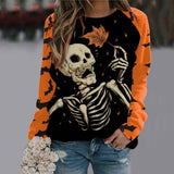 Damesweatshirt med grafisk Halloweenmotiv, skelet, heks, flagermus og lange ærmer