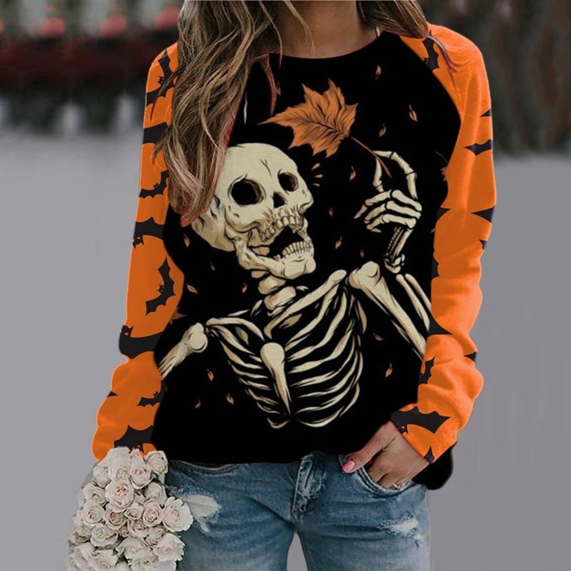 Damesweatshirt med grafisk Halloweenmotiv, skelet, heks, flagermus og lange ærmer