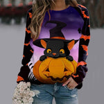 Damesweatshirt med grafisk Halloweenmotiv, skelet, heks, flagermus og lange ærmer