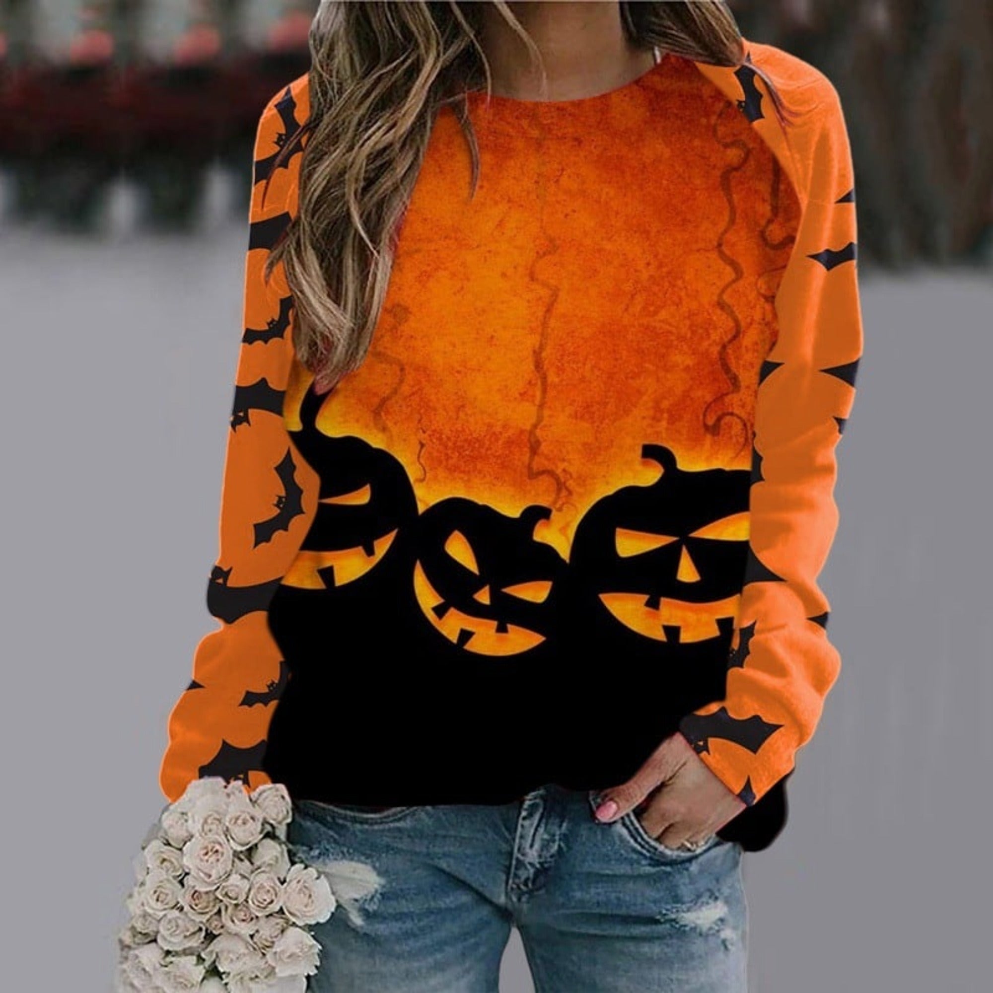 Damesweatshirt med grafisk Halloweenmotiv, skelet, heks, flagermus og lange ærmer