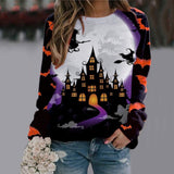 Damesweatshirt med grafisk Halloweenmotiv, skelet, heks, flagermus og lange ærmer