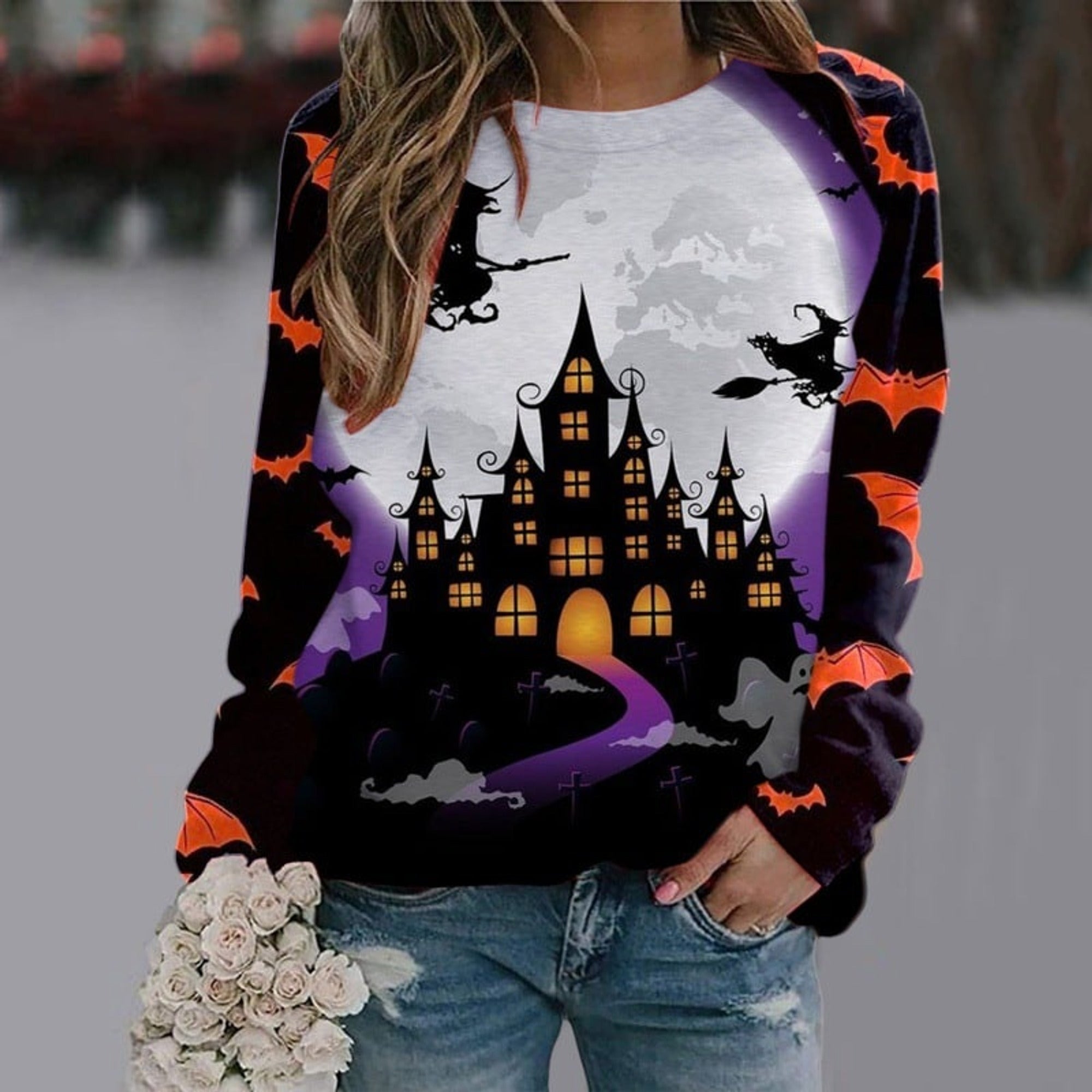 Damesweatshirt med grafisk Halloweenmotiv, skelet, heks, flagermus og lange ærmer