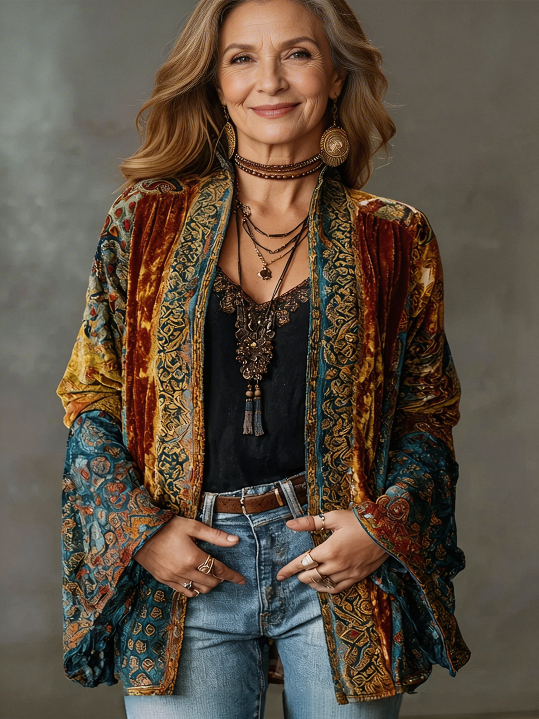 Cardigan kimono femme à motif cachemire et devant ouvert