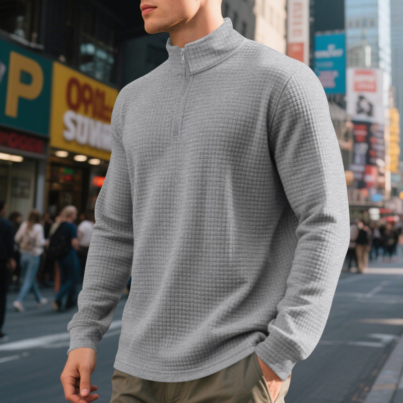 Herre sweatshirt med høj krave, halv lynlås og ternet jacquardstruktur