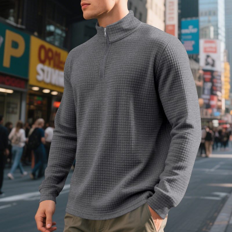 Herre sweatshirt med høj krave, halv lynlås og ternet jacquardstruktur