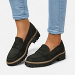 Dame penny loafers med firkantet tå, rem og kraftig rillet sål