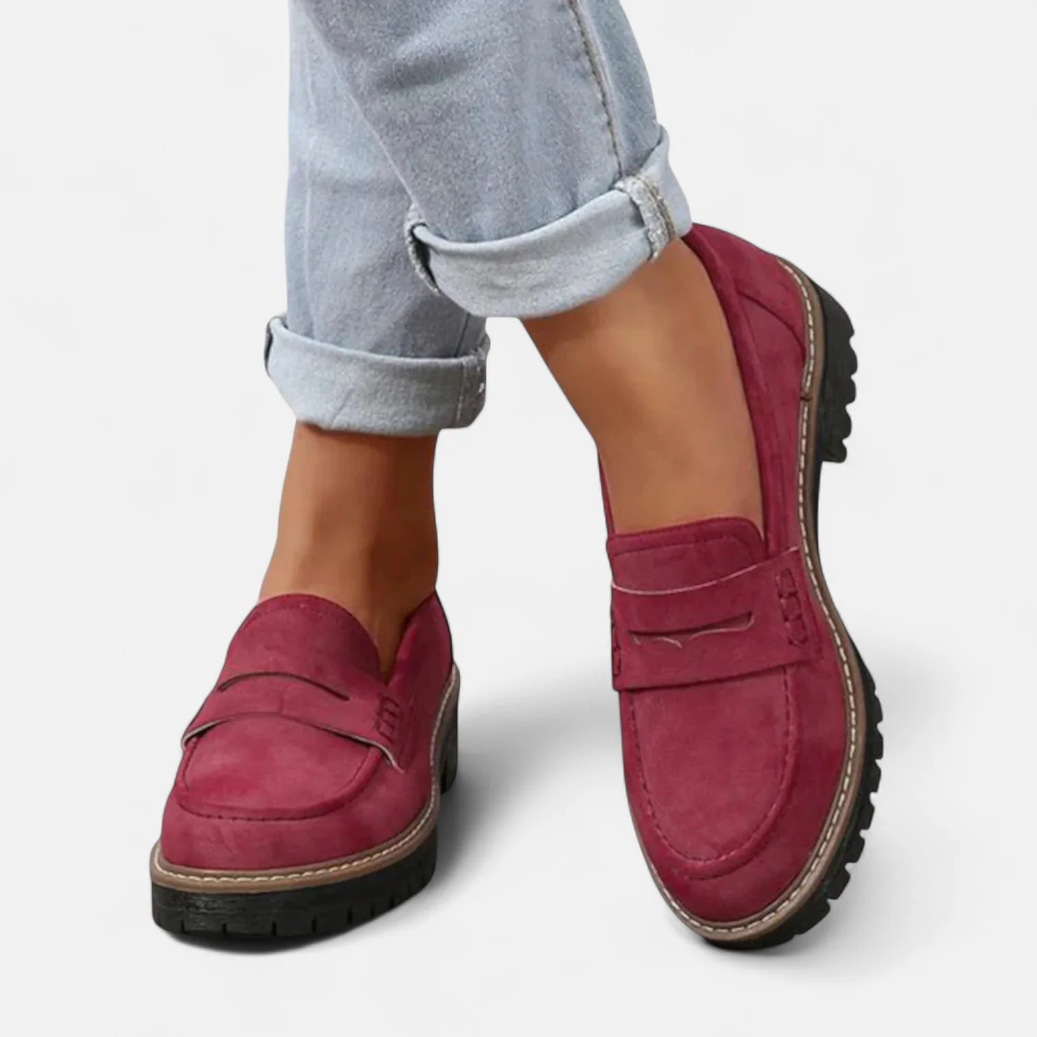 Dame penny loafers med firkantet tå, rem og kraftig rillet sål