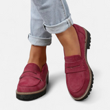 Dame penny loafers med firkantet tå, rem og kraftig rillet sål