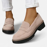 Dame penny loafers med firkantet tå, rem og kraftig rillet sål