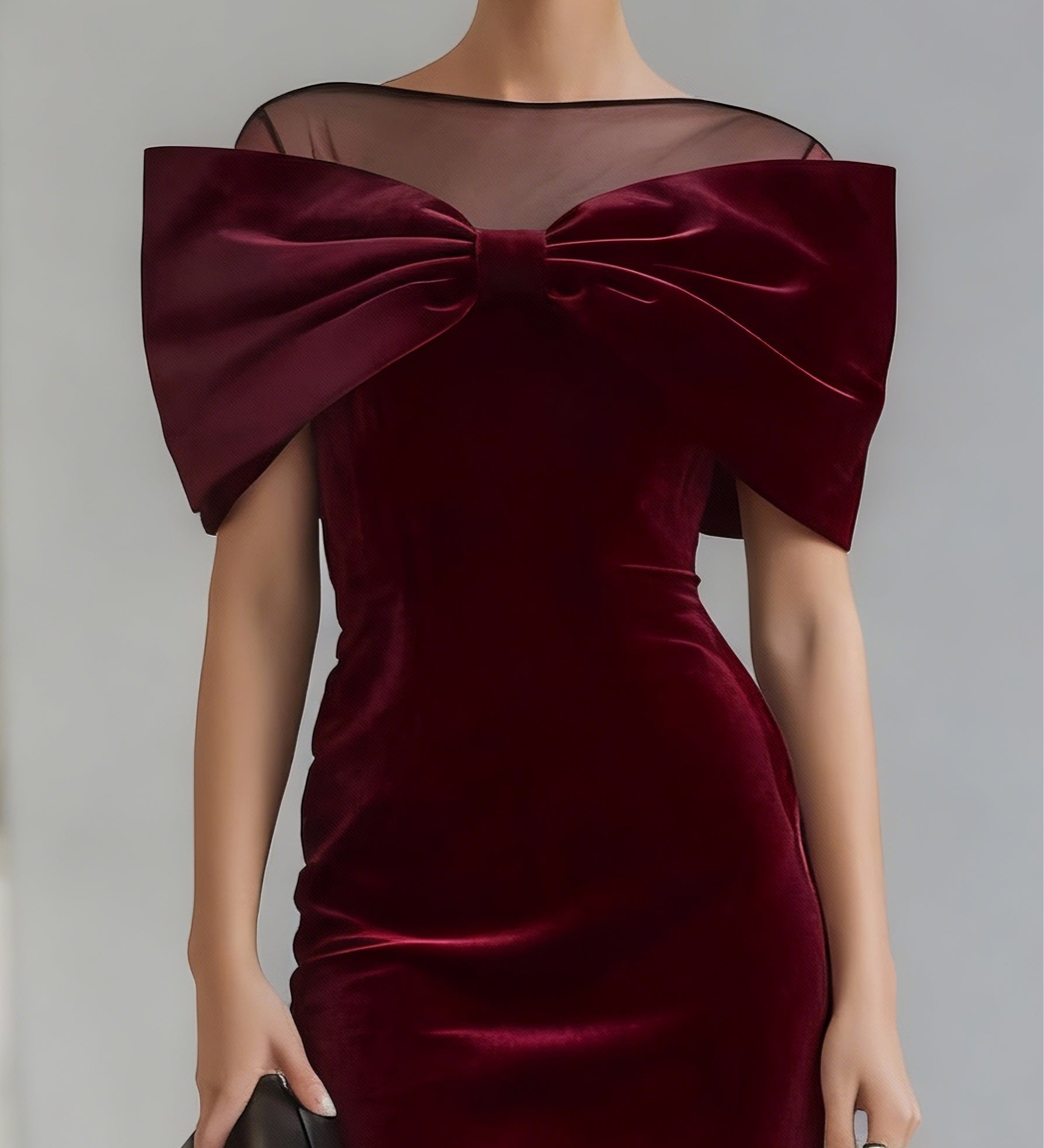 Robe midi bordeaux femme en velours à grand nœud, coupe ajustée