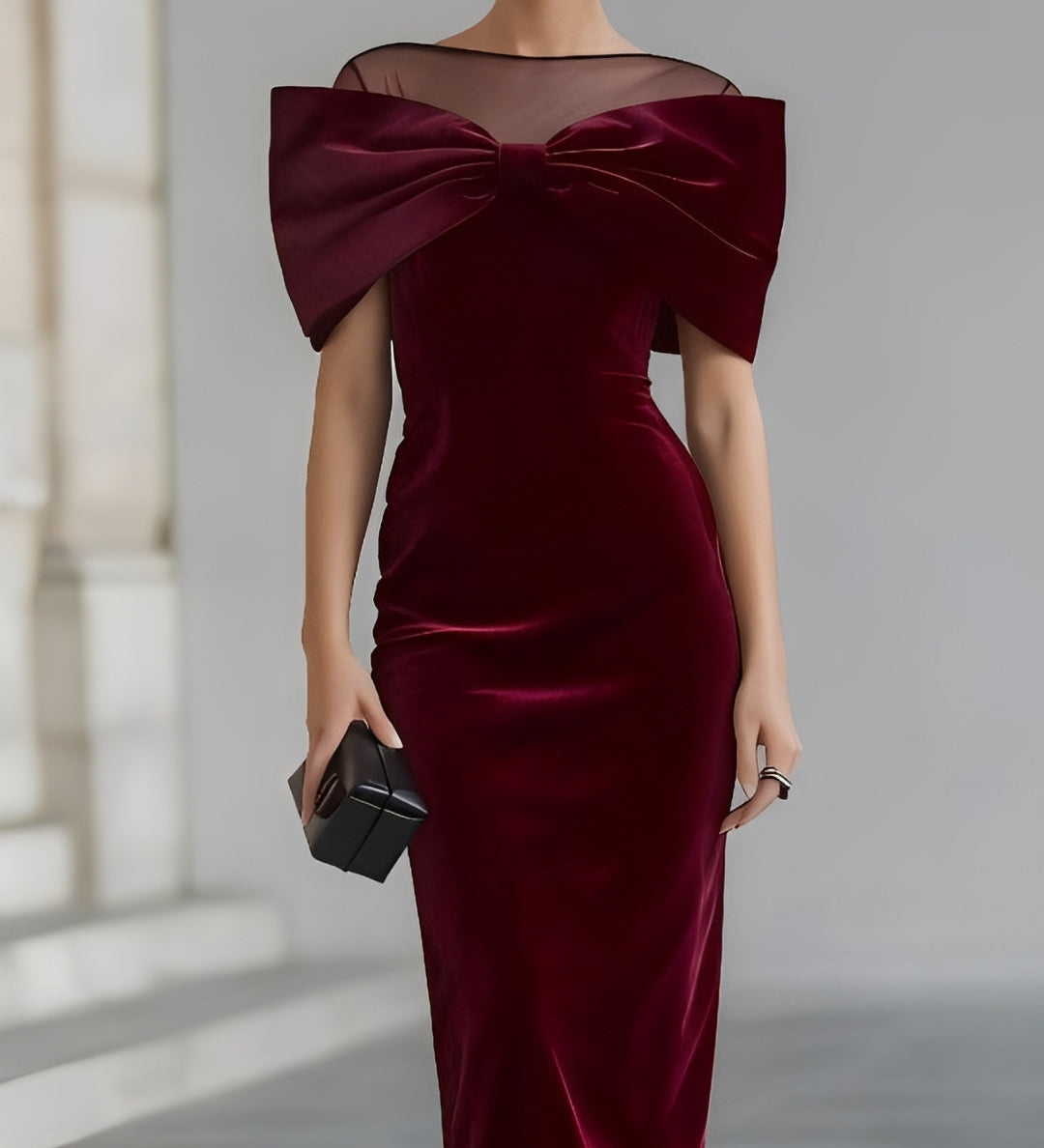 Robe midi bordeaux femme en velours à grand nœud, coupe ajustée