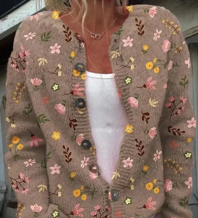 Damecardigan med blomstret mønster, rund hals, lange ærmer og knapper foran