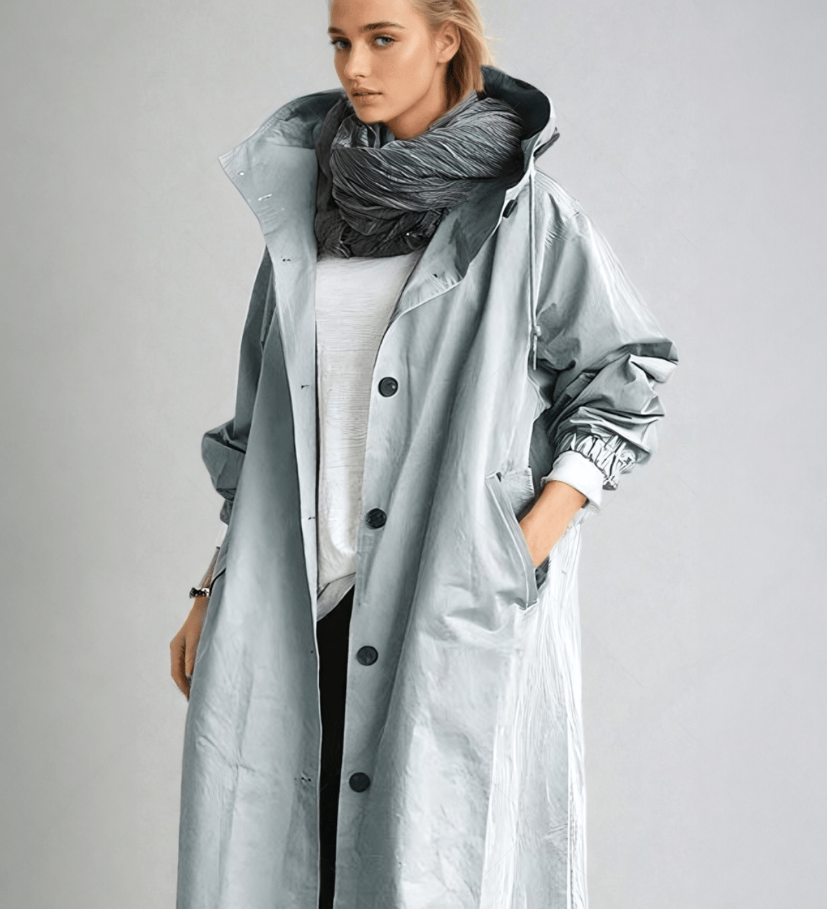 Dame trenchcoat med hætte, knapper og store forlommer