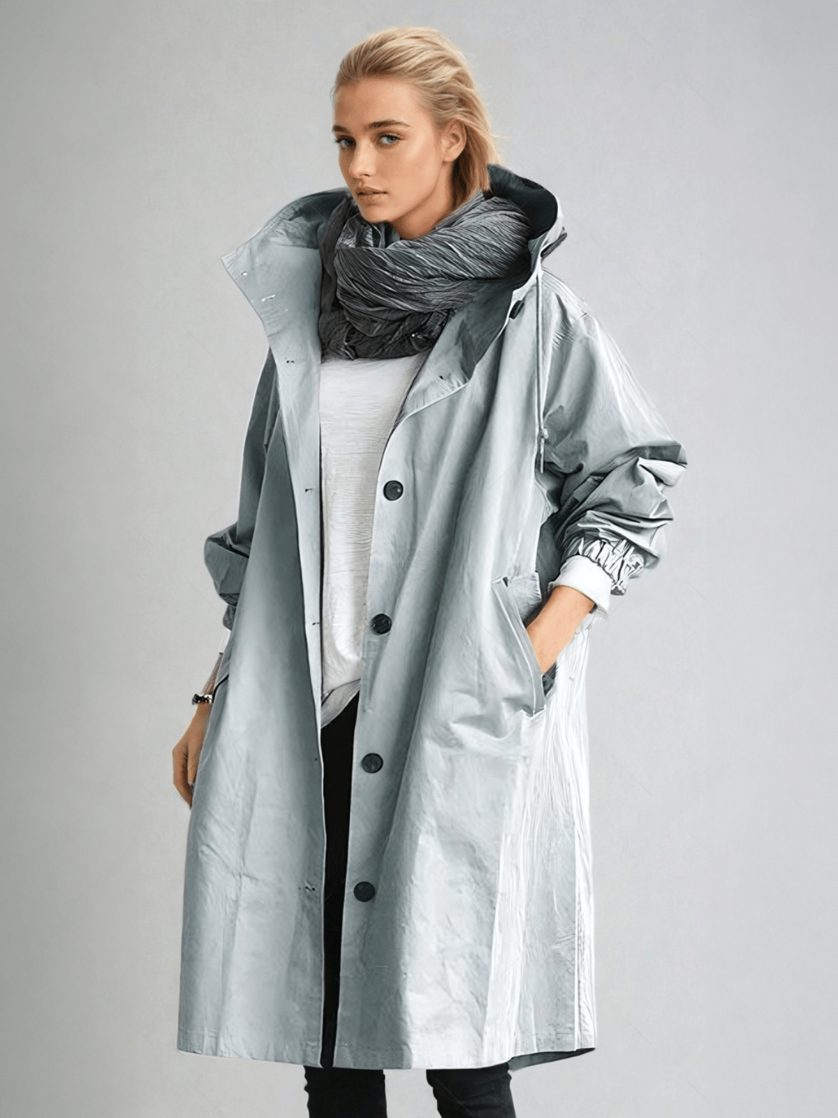 Dame trenchcoat med hætte, knapper og store forlommer