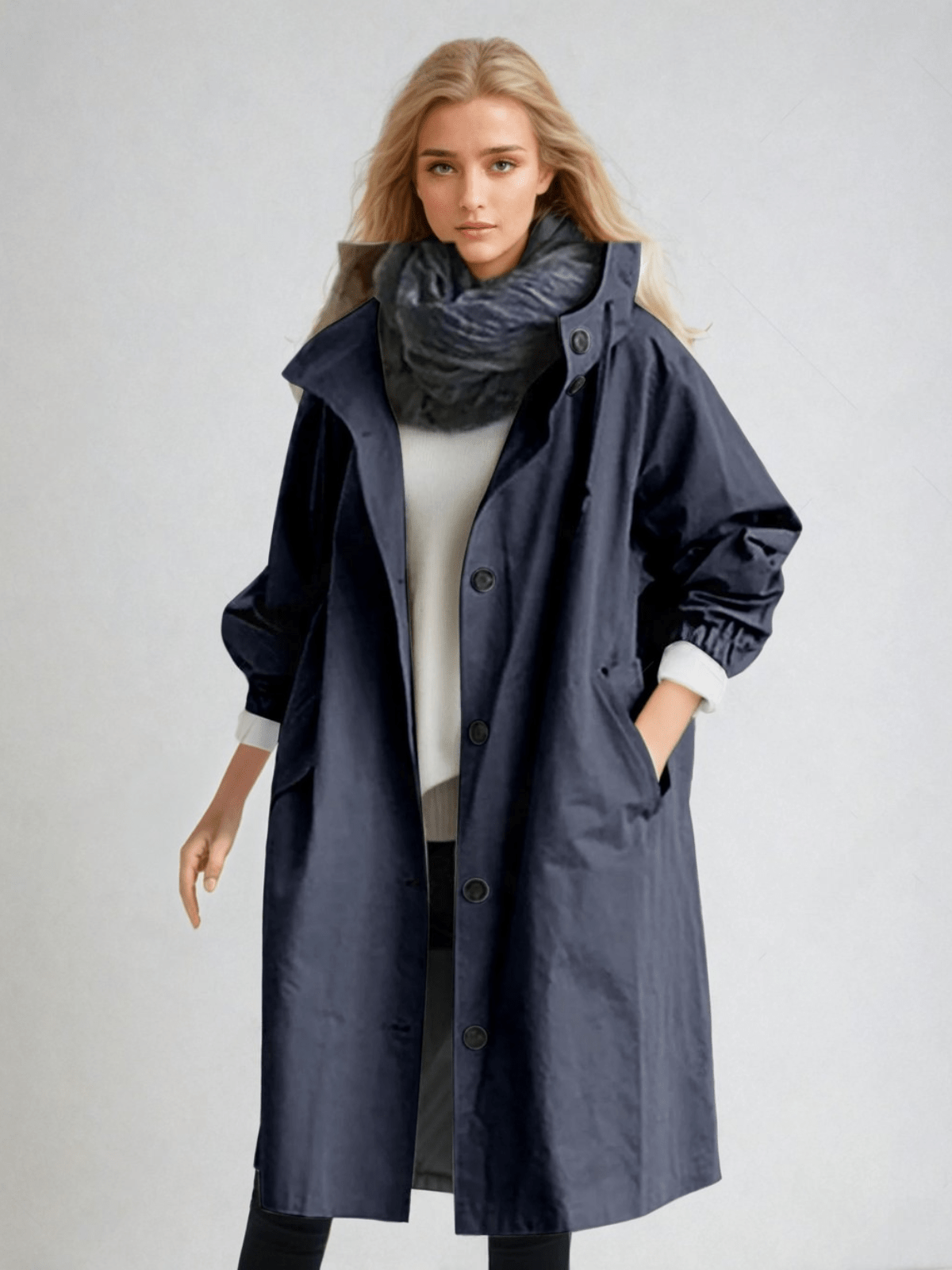 Dame trenchcoat med hætte, knapper og store forlommer