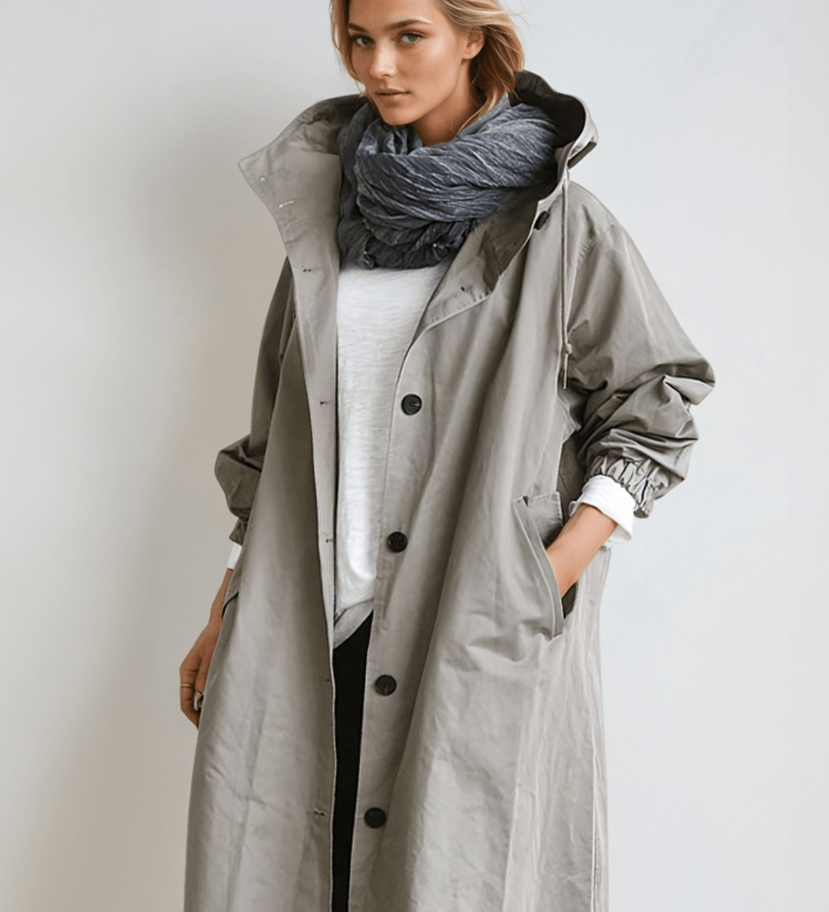 Dame trenchcoat med hætte, knapper og store forlommer