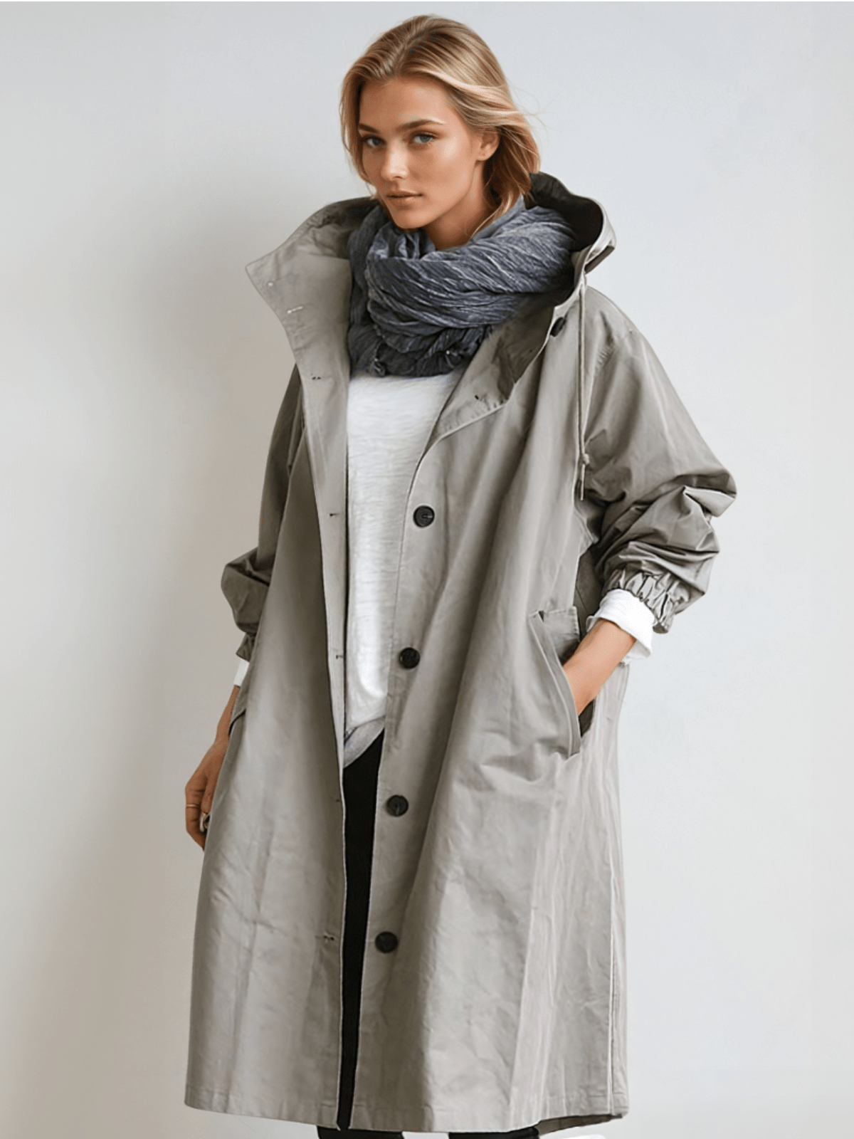 Dame trenchcoat med hætte, knapper og store forlommer