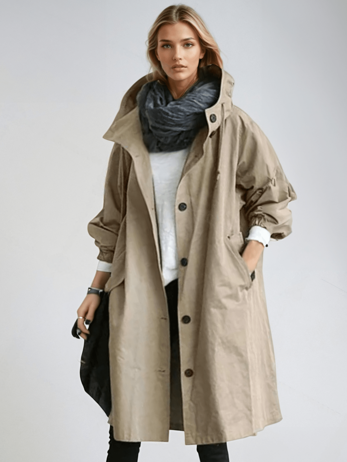 Dame trenchcoat med hætte, knapper og store forlommer