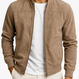 Herre Solid Suede Bomberjakke – Fuldt Lynlås Rib Trim Casual Ydertøj