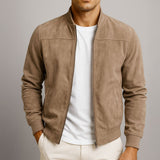 Herre Solid Suede Bomberjakke – Fuldt Lynlås Rib Trim Casual Ydertøj
