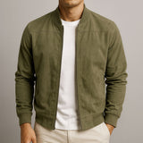 Herre Solid Suede Bomberjakke – Fuldt Lynlås Rib Trim Casual Ydertøj
