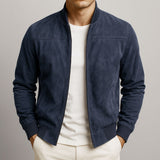 Herre Solid Suede Bomberjakke – Fuldt Lynlås Rib Trim Casual Ydertøj
