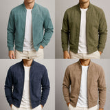 Herre Solid Suede Bomberjakke – Fuldt Lynlås Rib Trim Casual Ydertøj
