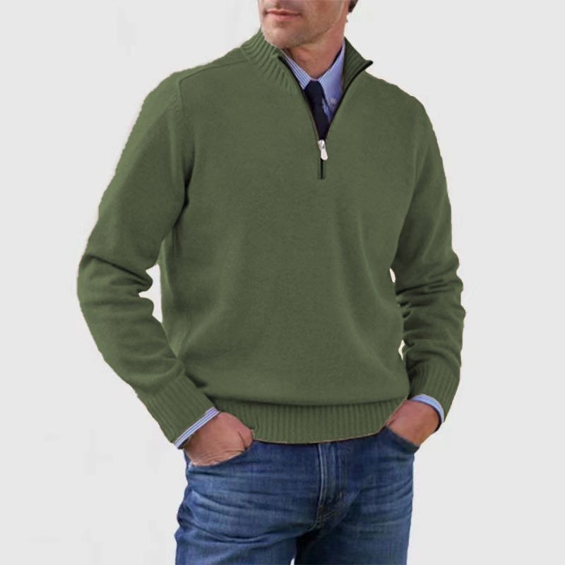 Herresweater med høj ribkrave, halv lynlås og lange ærmer