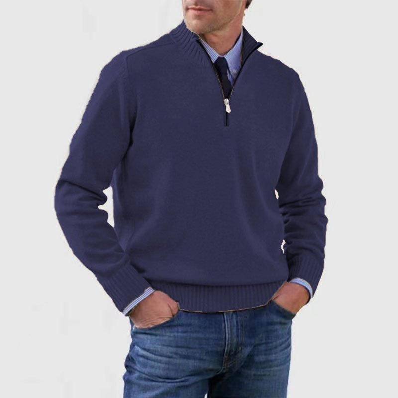 Herresweater med høj ribkrave, halv lynlås og lange ærmer