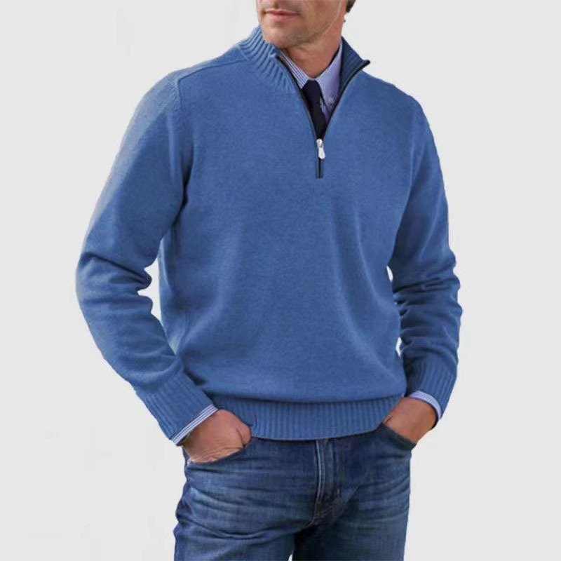 Herresweater med høj ribkrave, halv lynlås og lange ærmer