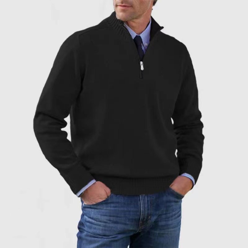 Herresweater med høj ribkrave, halv lynlås og lange ærmer