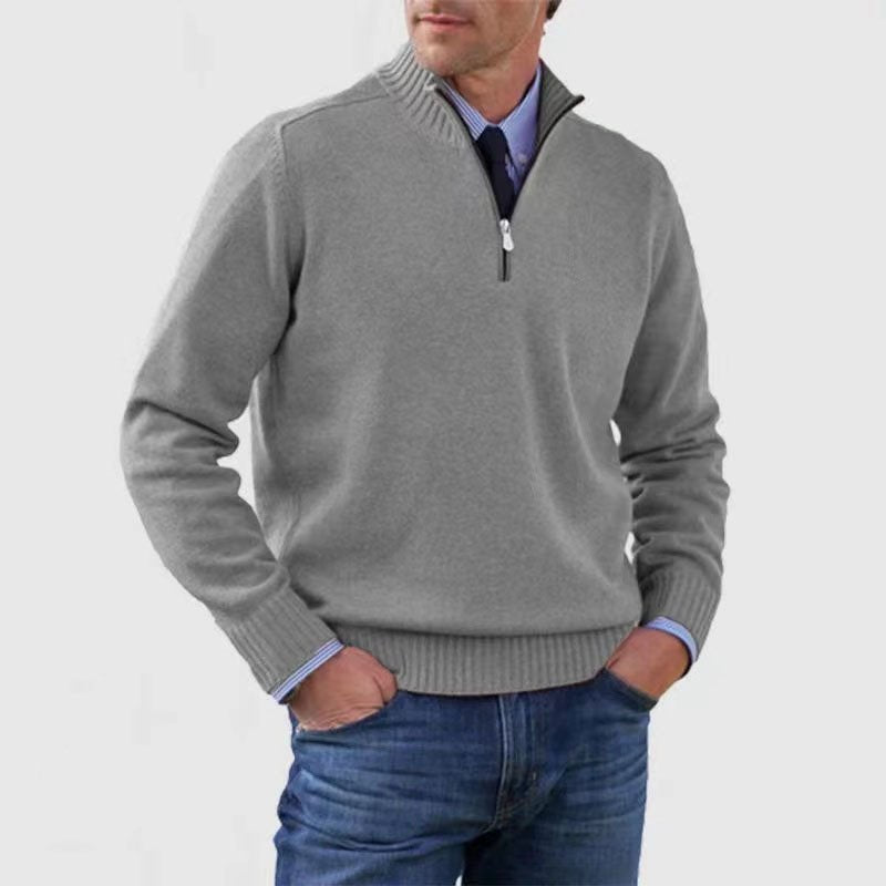 Herresweater med høj ribkrave, halv lynlås og lange ærmer