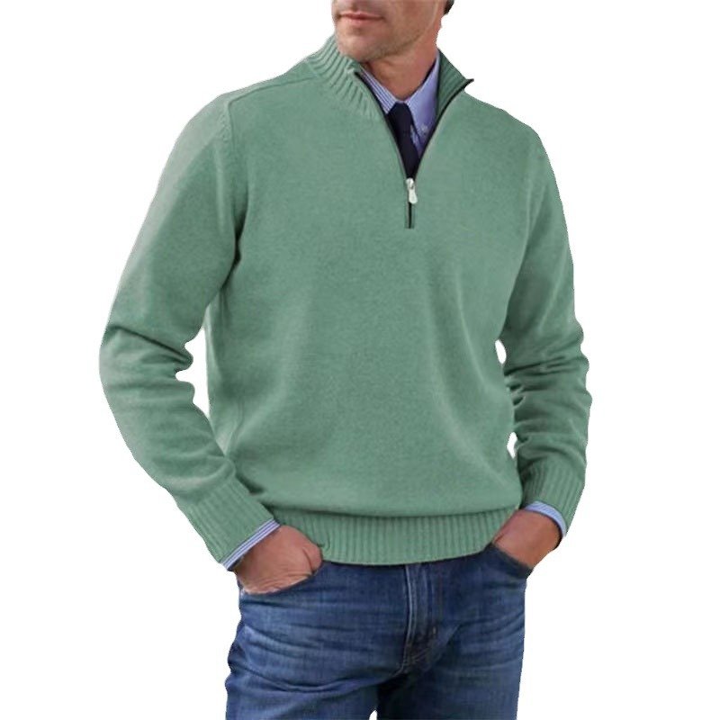 Herresweater med høj ribkrave, halv lynlås og lange ærmer