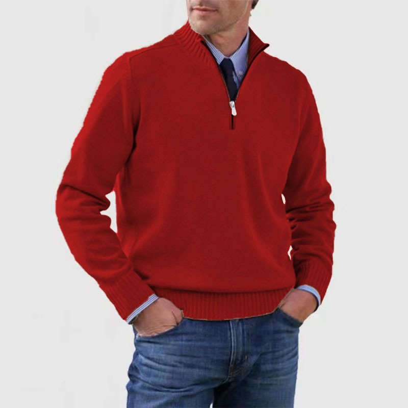 Herresweater med høj ribkrave, halv lynlås og lange ærmer