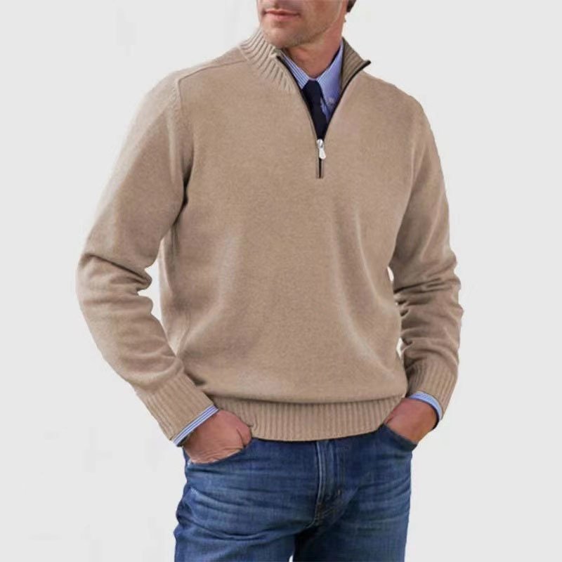 Herresweater med høj ribkrave, halv lynlås og lange ærmer