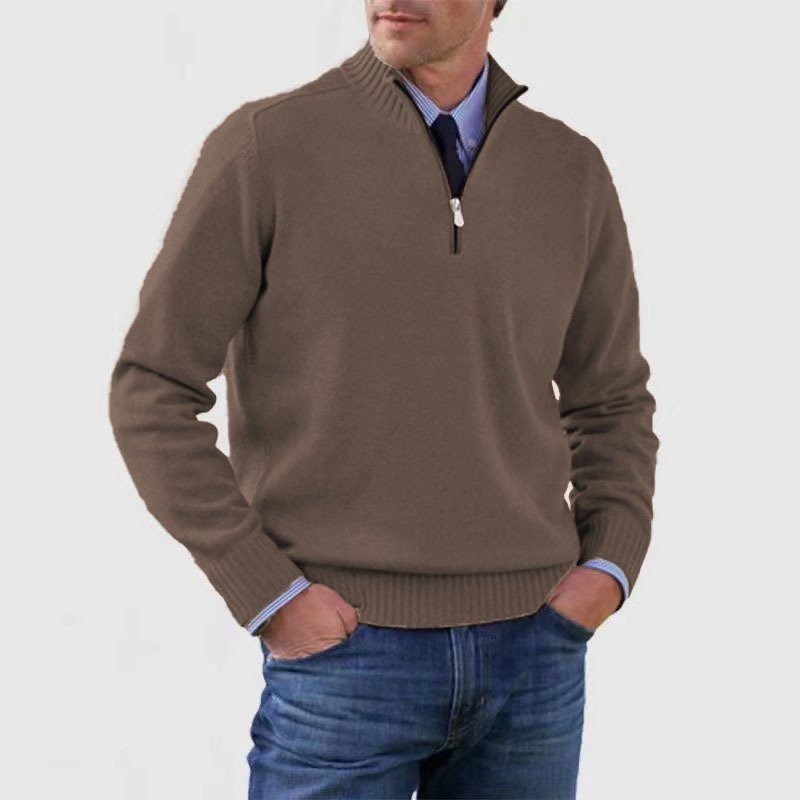 Herresweater med høj ribkrave, halv lynlås og lange ærmer