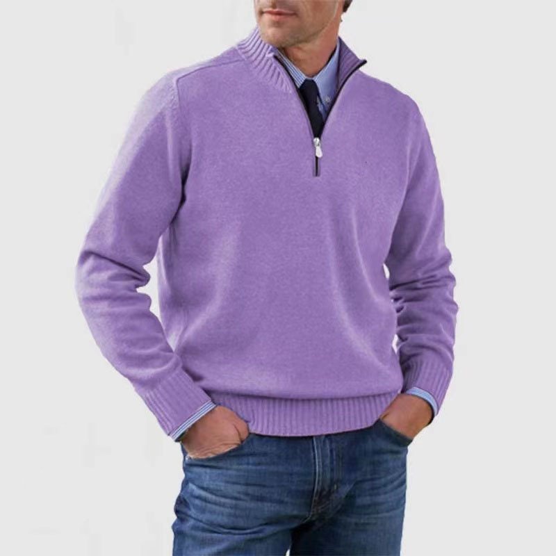 Herresweater med høj ribkrave, halv lynlås og lange ærmer