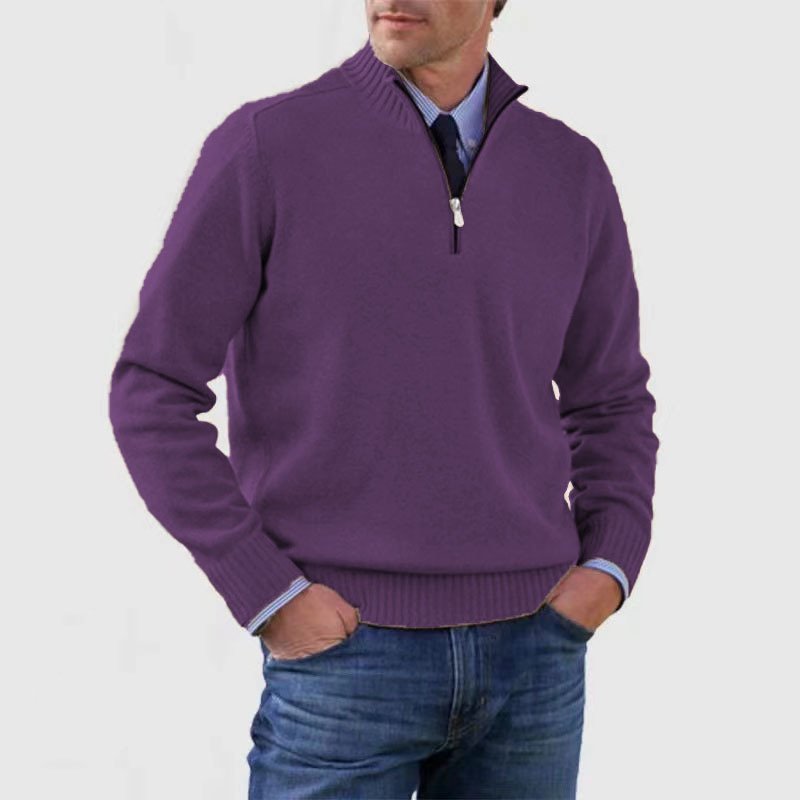 Herresweater med høj ribkrave, halv lynlås og lange ærmer