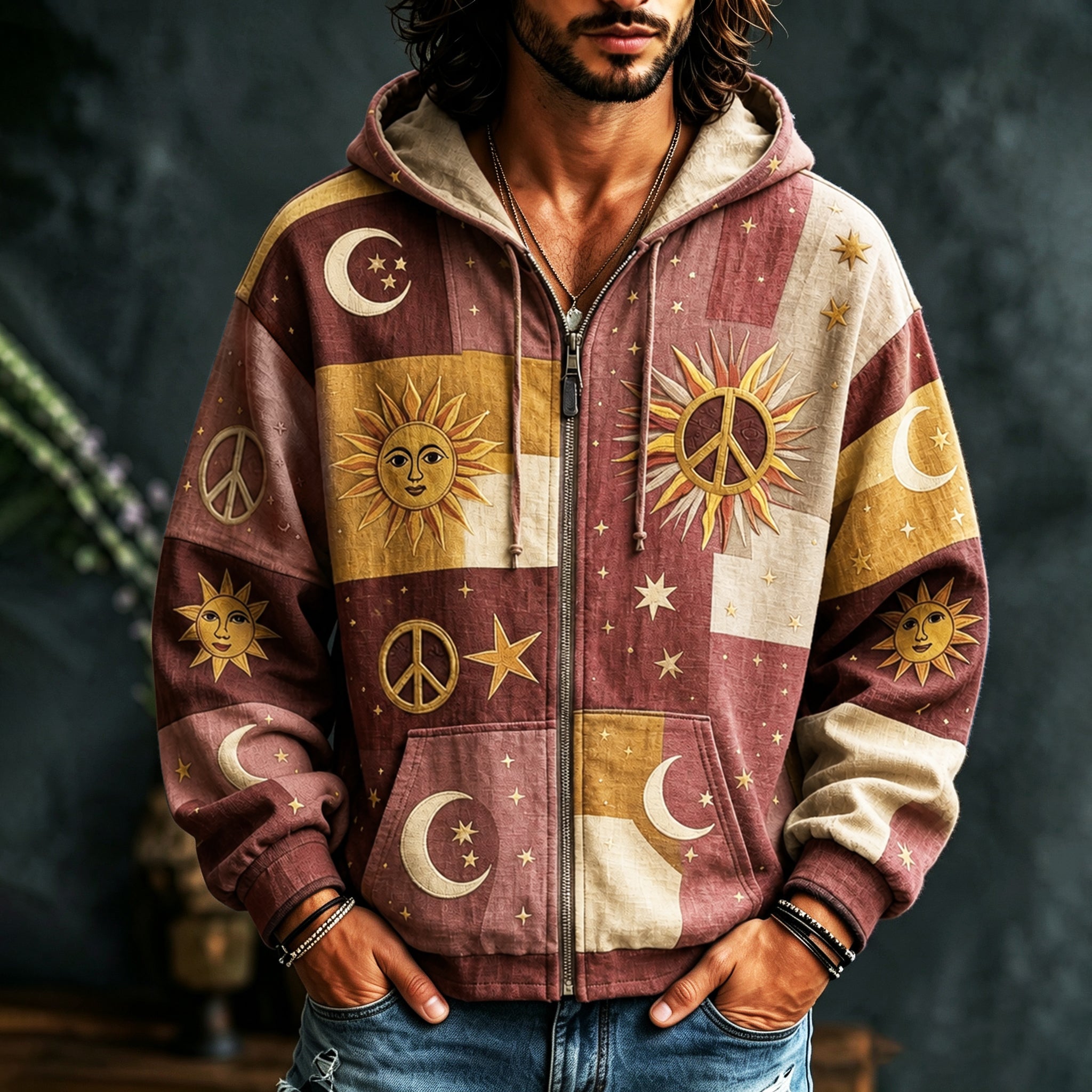 Herre hættetrøje med lynlås og farverigt patchwork med sol, måner, stjerner og fredssymboler