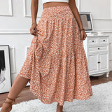 Lang Blomstret Nederdel – Elastisk Talje med Volang og Boho Print