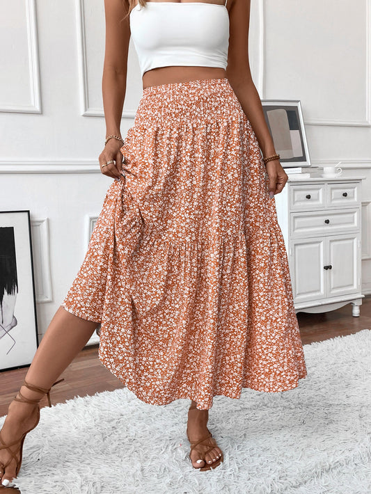 Lang Blomstret Nederdel – Elastisk Talje med Volang og Boho Print
