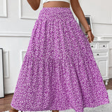 Lang Blomstret Nederdel – Elastisk Talje med Volang og Boho Print
