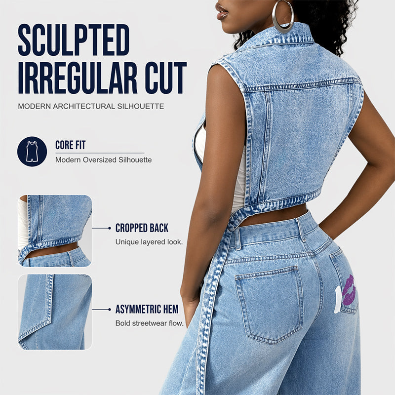 Ærmeløs denimvest til kvinder med krave, brystlommer og lang model