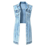 Ærmeløs denimvest til kvinder med krave, brystlommer og lang model