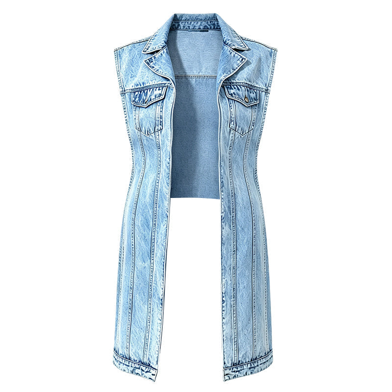 Ærmeløs denimvest til kvinder med krave, brystlommer og lang model