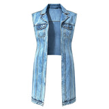 Ærmeløs denimvest til kvinder med krave, brystlommer og lang model