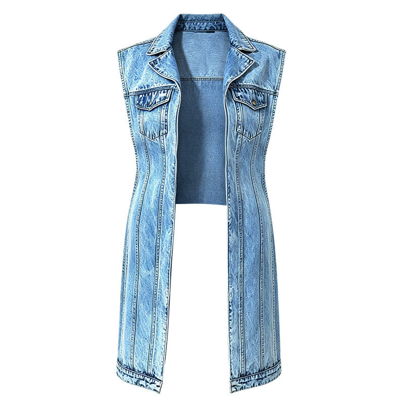 Ærmeløs denimvest til kvinder med krave, brystlommer og lang model
