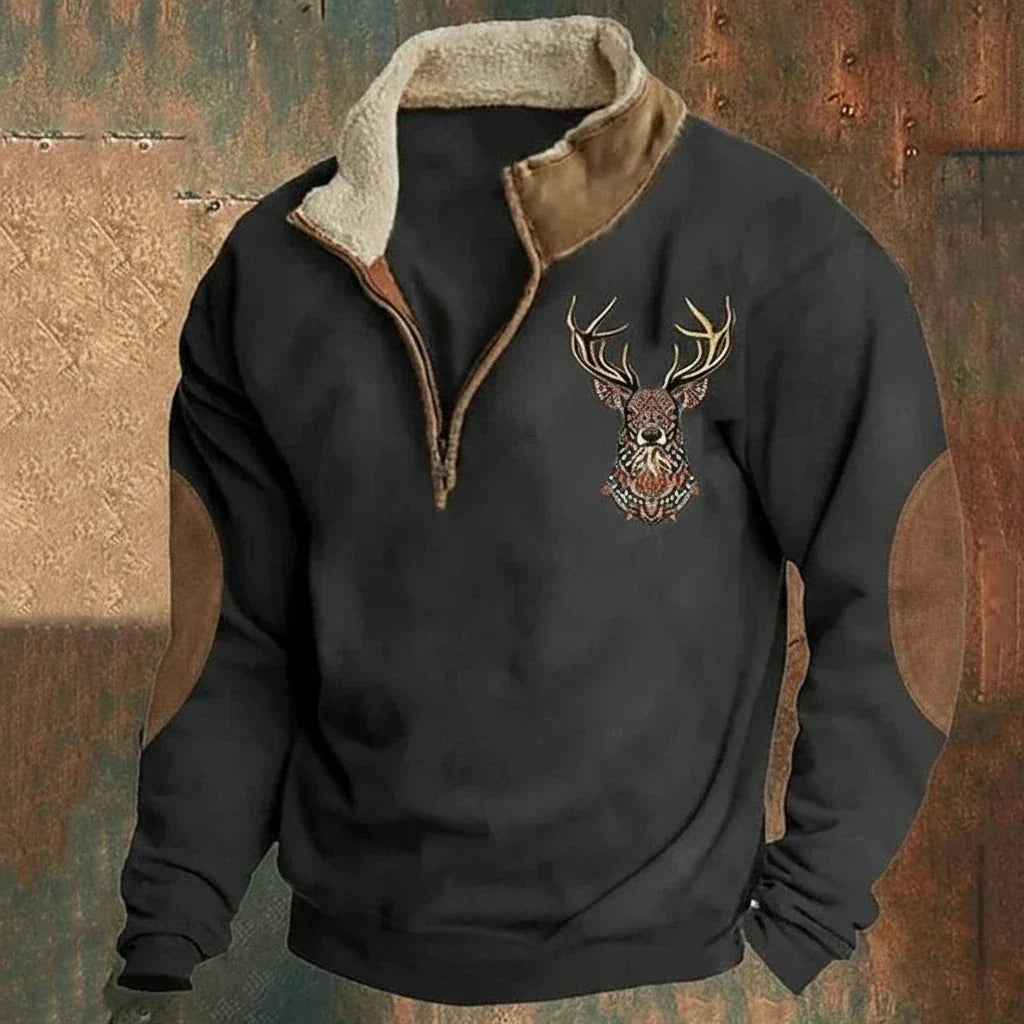 Herre sweatshirt med høj krave, lynlås og broderet hjortemotiv