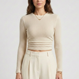 Valeen | Trendy Fitted Crop Top med Lange Ærmer og Høj Rund Udringning